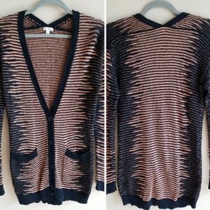 Striped V-Neck Button Cardigan in Black and Tan